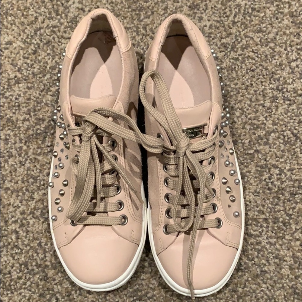tan low top sneakers with pearls, diamonds, studs